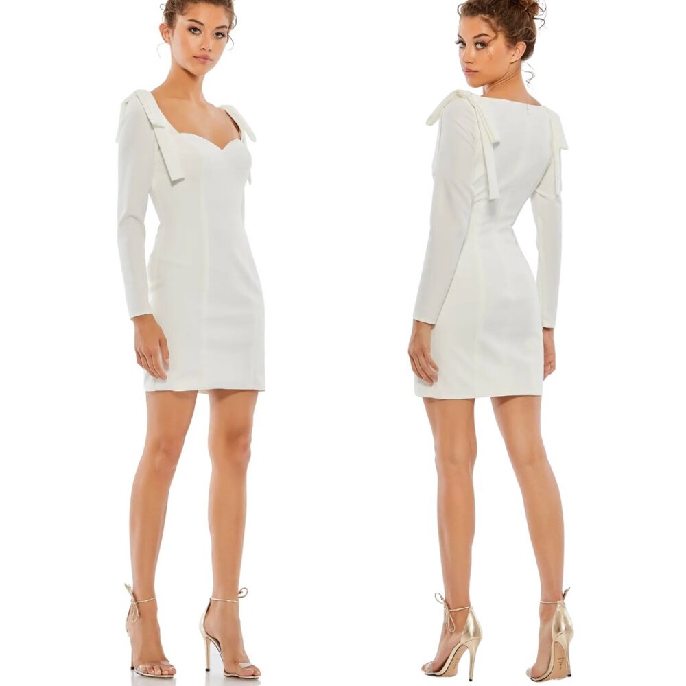 NWT Mac Duggal White Shoulder Long Sleeve Fitted Mini Dress, Size 8